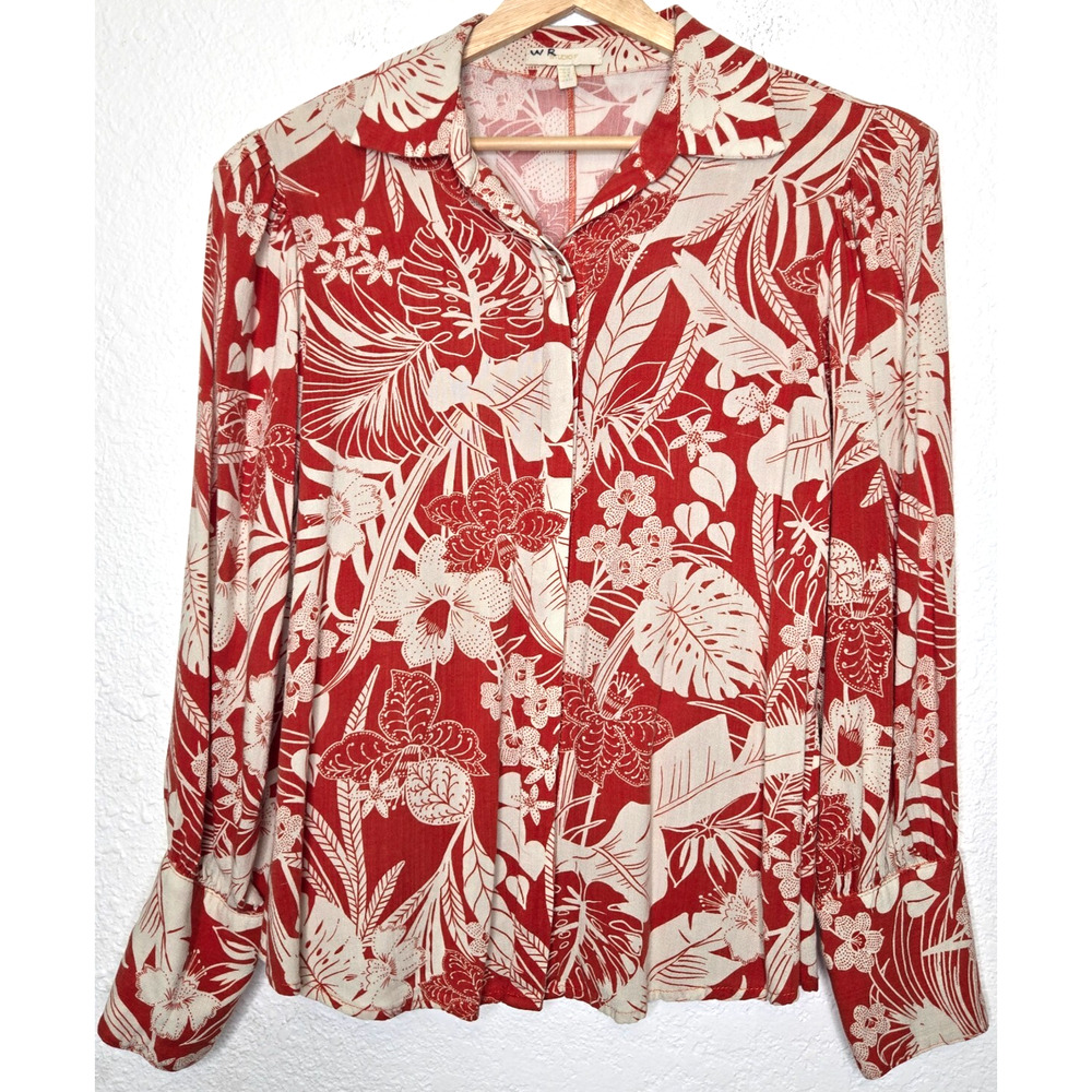 Studio F Floral‎ Top Womens Medium Orange Palm Printed Tropical Puff Sleeve Boho